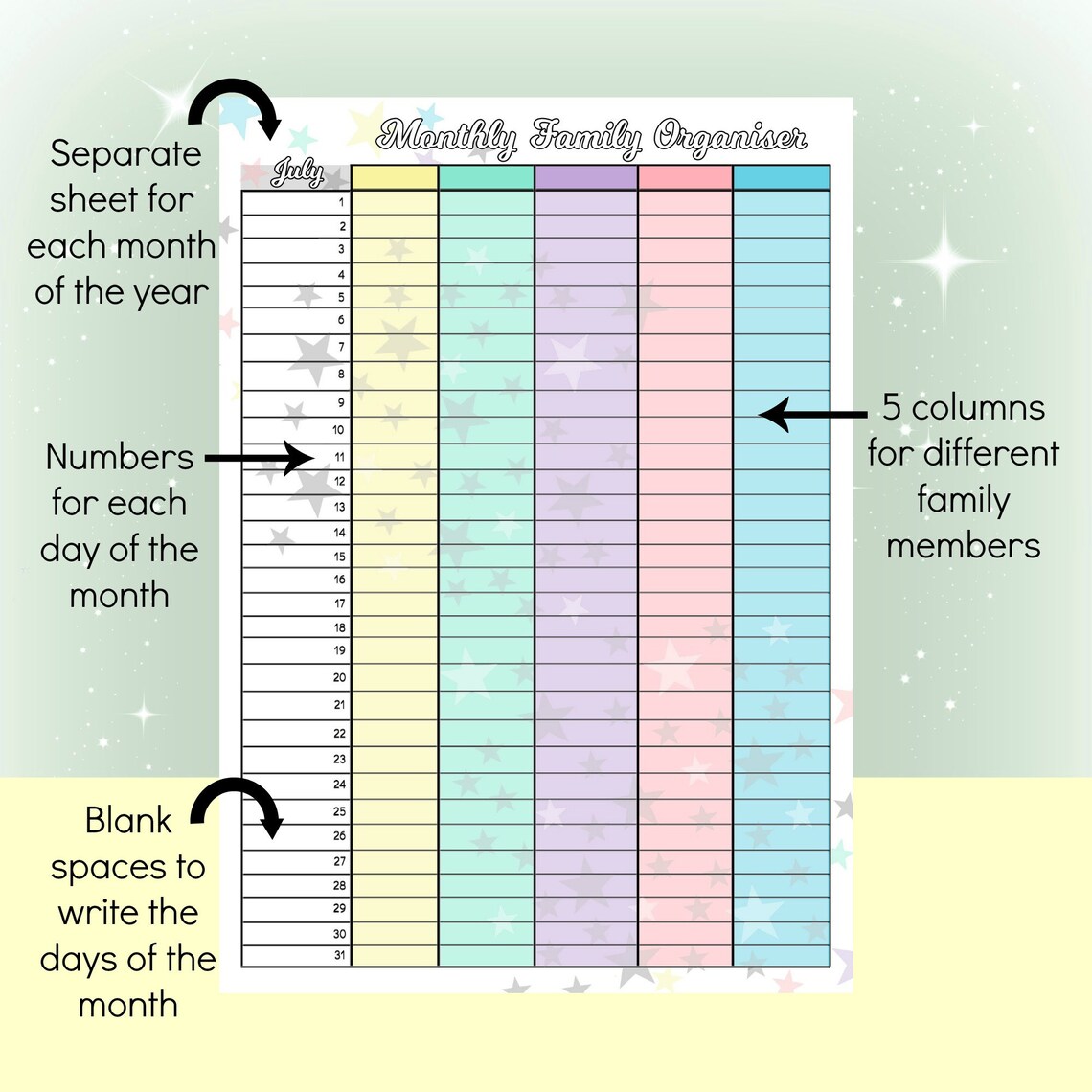 Any Year Family Planner Calendar Downloadable Printable Etsy