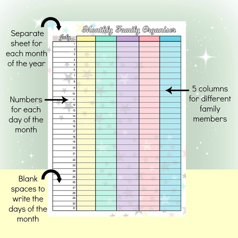 Any Year Family Planner Calendar Downloadable Printable Etsy