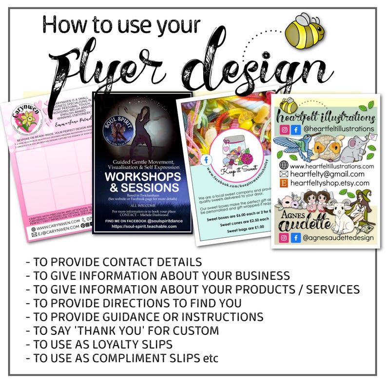 Peut inclure: Un mod&egrave;le de flyer avec des exemples d'utilisation pour diff&eacute;rentes entreprises. Les exemples de flyers incluent un studio de danse, une confiserie et une entreprise d'illustration. Le texte sur le flyer dit "Comment utiliser votre design de flyer" et liste plusieurs utilisations pour les flyers, telles que fournir des coordonn&eacute;es, donner des informations sur votre entreprise et fournir des indications pour vous trouver.
