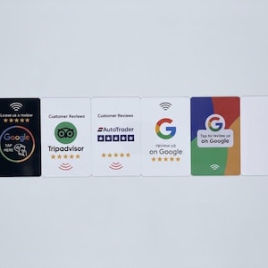 May include: Six rectangular NFC review cards featuring various designs. The cards display logos for Google, TripAdvisor, and AutoTrader, along with text such as Leave us a review, Customer Reviews, and Tap to review us on Google, plus five-star icons.