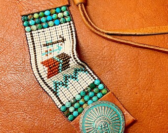 Southwestern Story Teller Cuff Bracelet; Turquoise and Leather Cuff