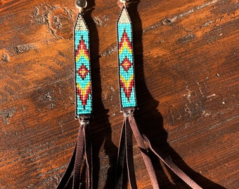 Boho Western - Suede Leather Long Earrings, Navajo Style, Western Fashion