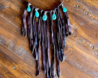 Leather Fringe Bib Necklace, Turquoise Bib Necklace, Fringe choker, Deerskin Suede Necklace