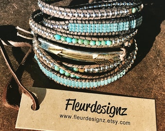 Boho Leather Wrap Bracelet, Western Fashion, "Blue Sky"