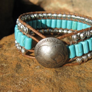 Turquoise and Leather Cuff Bracelet, Western Jewelry