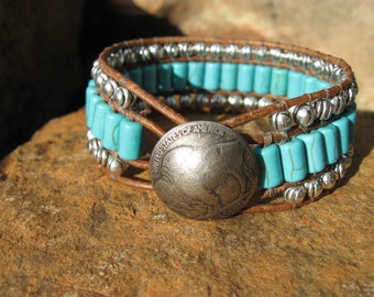 Turquoise and Leather Cuff Bracelet, Western Jewelry
