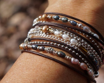 Boho ~ Endless Leather Wrap Bracelet ~ Silver & Pearls, Bohemian Western