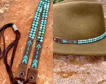 Turquoise & Arrow Hatband; Hand beaded Gemstone Hatband