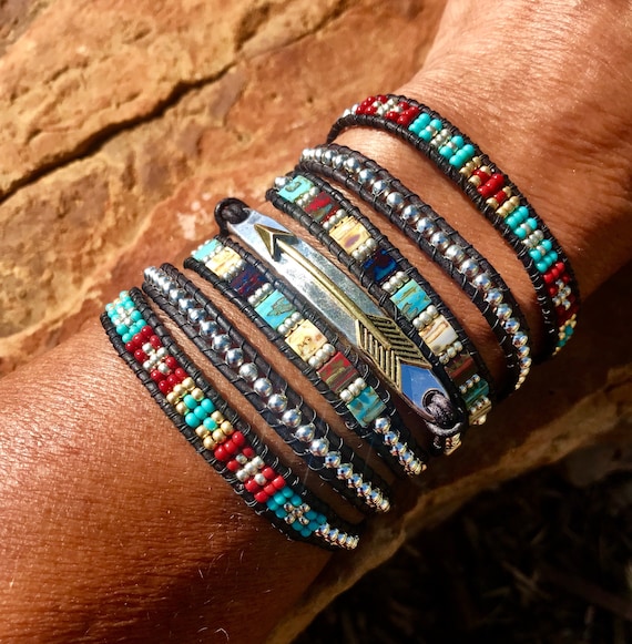 Boho Chic Leather Wrap Bracelet, Arrow Bracelet