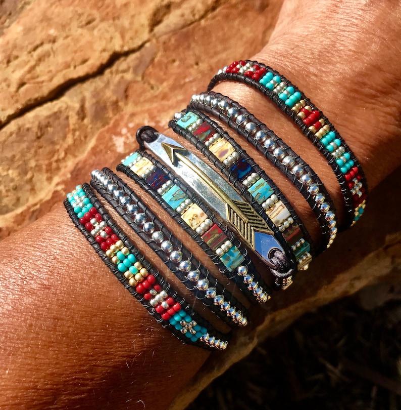 Boho Chic Leather Wrap Bracelet, Arrow Bracelet image 1