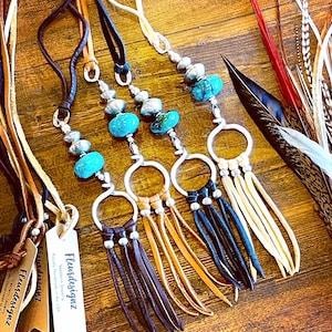 Long Deerskin Leather Necklace: Turquoise & Sterling Silver Slider