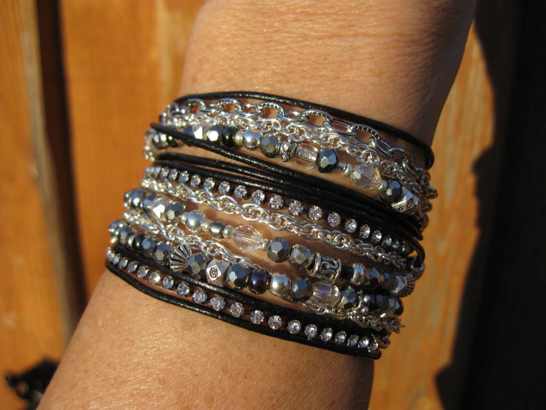 Boho Onyx and Pyrite Endless Leather Wrap Bracelet and/or Multi layered Necklace image 1