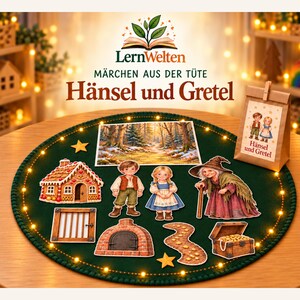 May include: A storytelling set for Hansel and Gretel featuring a dark green felt mat with integrated lights, a forest scene, a gingerbread house, figures of the children and a witch, a brick oven, a treasure chest, and a paper bag with text.