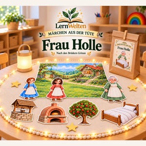 Puede incluir: Un kit de narración titulado LernWelten Märchen aus der Tüte Frau Holle que incluye una bolsa de papel marrón, un fondo de paisaje y figuras troqueladas de personajes, un pozo de piedra, un horno, un manzano y una cama.