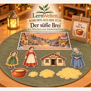 May include: A storytelling kit featuring a paper bag labeled Der süße Brei with a pot illustration, a landscape print, and cardboard cutouts of two figures, an elderly person, a house, a pot, and three piles of porridge.