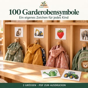 Könnte beinhalten: Ein Set aus 100 ausdruckbaren Garderobensymbolen mit Illustrationen von Katze, Bagger, Erdbeere, Elefant, Gießkanne und Traktor. Der Text lautet 100 Garderobensymbole Ein eigenes Zeichen für jedes Kind 3 GRÖSSEN PDF ZUM AUSDRUCKEN.