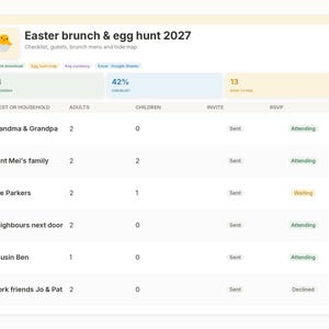 May include: A digital spreadsheet template titled Easter brunch & egg hunt 2027 featuring a yellow chick icon. The table tracks guest names, adult and child counts, invite status, and RSVP responses with color-coded labels for attending, waiting, and declined.