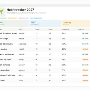 Vanespårare 2027 Excel | Dagligt vanespårarkalkylblad, nyårslöfte och målplanerare, 31-dagarsutmaning och årsöversikt