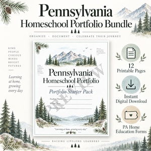 Pode incluir: Um pacote de portfólio de ensino doméstico da Pensilvânia com 12 páginas imprimíveis com ilustrações em aquarela de montanhas e florestas. A capa inclui campos de texto para o nome do aluno, ano letivo e pai ou responsável, além da frase Learning at home, growing every day.