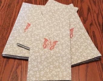 Cloth Dinner Napkins - Set of 4 - Beige  with Peach  Embroidered Butterfly -  Handmade