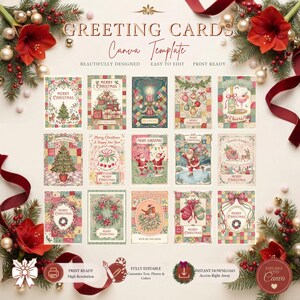 May include: A collection of fifteen Christmas greeting card designs arranged in a grid, featuring festive illustrations of trees, Santa Claus, ornaments, and wreaths. The text GREETING CARDS Canva Template is displayed at the top, with additional text labels for editing and printing features at the bottom.