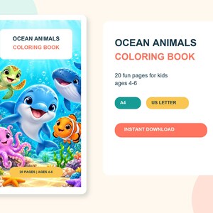 Peut inclure: Un livre de coloriage Ocean Animals avec 20 pages pour les enfants de 4 à 6 ans. La couverture présente un dauphin bleu, une tortue de mer verte, une pieuvre rose, un poisson-clown et une baleine sous l'eau. Formats A4 et US Letter inclus.