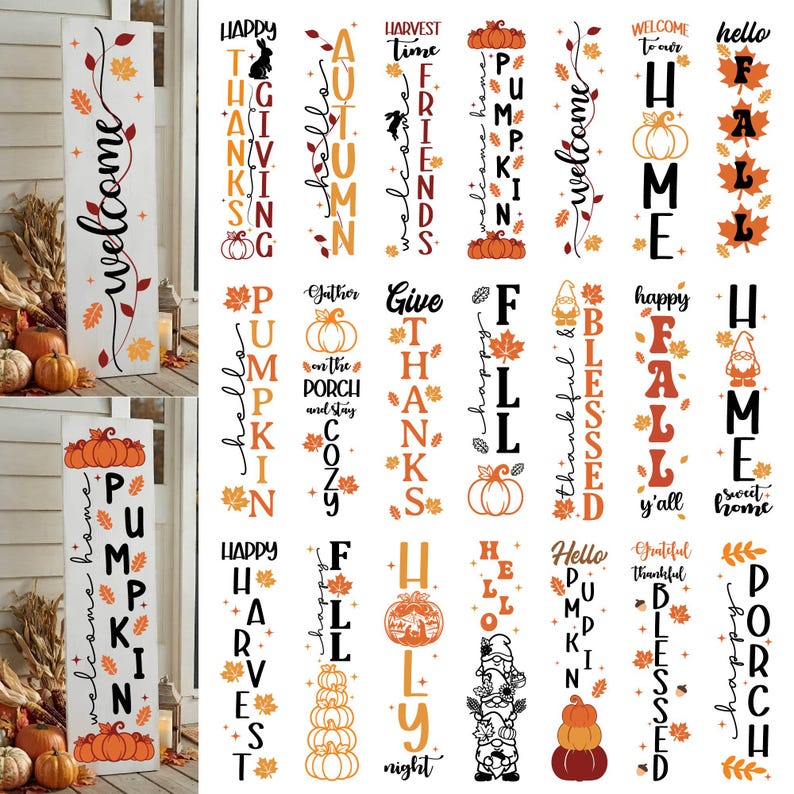Fall Porch Sign SVG Bundle, Welcome Thanksgiving Harvest Vertical ...