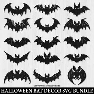 Puede incluir: Una colección de quince siluetas de murciélagos negros con diversas formas de alas y poses, dispuestas en una cuadrícula. El texto en la parte inferior dice GLOWFORGE LASER CUT FILE HALLOWEEN BAT DECOR SVG BUNDLE, con varios diseños de murciélagos.