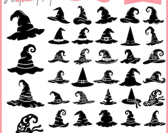 Witch Hat Bundle, Halloween Silhouette Clipart, Curly Buckle Cut Files, Digital Download For Cricut