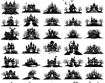 Haunted House SVG Mega Bundle, Halloween Castle Mansion Silhouettes, Tree Scenes, Cricut Cut Files