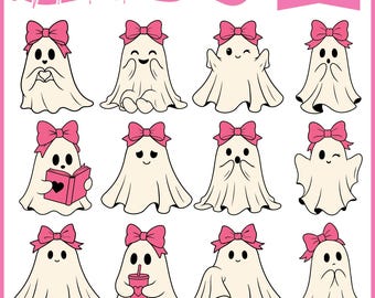 Coquette Ghost SVG Bundle, Pink Bow Halloween Clipart, Girly PNG Digital Download For Cricut