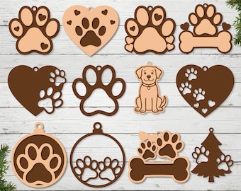 Dog Paw Print Ornament SVG Bundle, Pet Christmas Tree Decor, Holiday Laser Cut Memorial