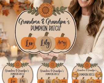 Grandma Grandpa Pumpkin Patch Sign SVG, Personalized Family Name Door Hanger, Laser Cut File
