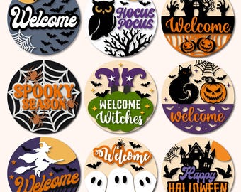 Round Halloween Door Hanger SVG Bundle, Welcome Witches Spooky Season Sign for Glowforge Cricut