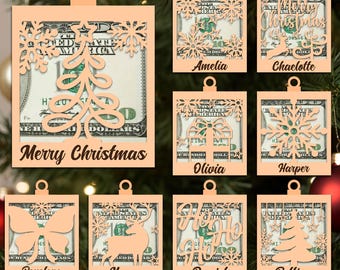 11 Christmas Money Holder Ornament SVG Bundle, Personalized Cash Gift Card, Wooden Laser Cut