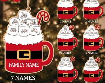 Personalized Santa Hot Cocoa Mug Ornament SVG Bundle, Family Name Keepsake, Laser Cut Christmas