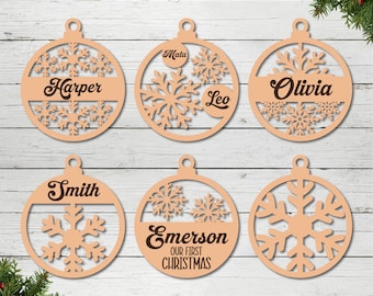 Personalized Snowflake Ornament SVG Bundle, Laser Cut Christmas Bauble, Custom Name Wooden Tree Decor