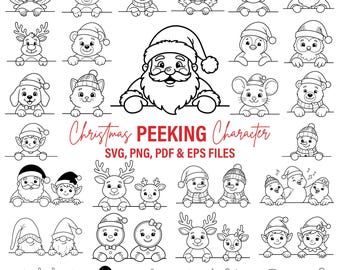 Christmas Peeking SVG Bundle, Santa Snowman Gnome Peeking PNG, Christmas Line Art SVG, Kids Christmas Shirt Ornament Cut File