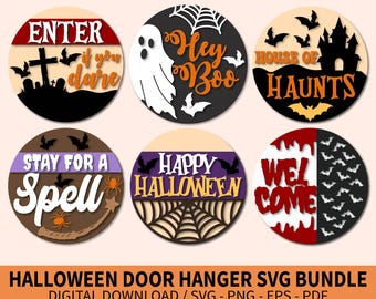 Halloween Door Hanger SVG Bundle, Spooky Welcome Signs, Round Door Decor
