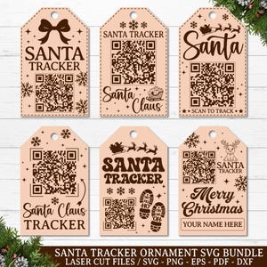 May include: Six light-colored rectangular gift tags with rounded top corners and holes for hanging. Each tag features dark brown laser-cut style designs including QR codes, text like Santa Tracker, Santa Claus, and Merry Christmas, plus holiday icons.