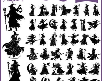 Witch SVG Bundle, Halloween Silhouette Clipart, Flying Broom Cauldron Designs, Digital Download For Cricut