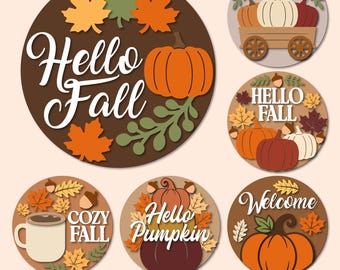 Fall Door Hanger SVG Bundle, Round Sign Designs, Pumpkin Leaves Welcome, Glowforge Laser Files