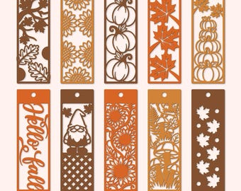 Autumn Bookmark SVG Bundle, Fall Leaf Pumpkin Bookmarks, Laser Cut Designs for Cricut Glowforge