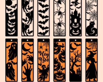 Halloween Bookmark SVG Bundle, Bats Ghosts Witch Spider Cat Designs, Glowforge Laser Cut Files