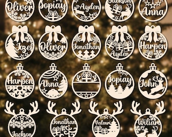 Personalized Christmas Ornament SVG Bundle, Family Name Bauble, Laser Cut File, Tree Decor
