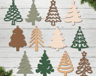 Christmas Tree SVG Bundle, Wooden Ornament Laser Cut Files, Boho Farmhouse Holiday Decor, Glowforge