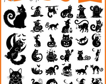 Halloween Cat SVG Bundle, Spooky Black Silhouette Clipart, Digital Download For Cricut