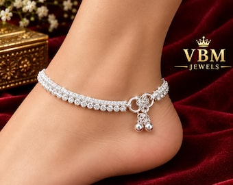 Handmade 925 Sterling Silver Anklet Set, Traditional Indian Payal, Ladies Silver Anklets