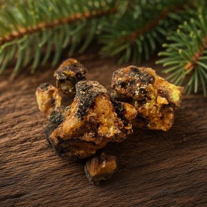 Peut inclure: Un amas de morceaux de résine d'arbre brute et durcie, présentant un aspect ambré translucide et brun foncé. Les fragments ont une texture irrégulière et dentelée, disposés avec des aiguilles de pin vertes sur une surface en bois sombre.