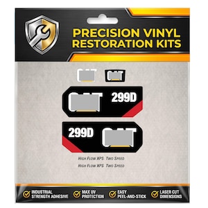 Può includere: Un kit di restauro in vinile di precisione contenente decalcomanie in bianco e nero con il testo CAT e 299D. La confezione presenta un logo a scudo con una chiave inglese e testo tra cui High Flow XPS Two Speed, Industrial Strength Adhesive, Max UV Protection, Easy Peel-and-Stick e Laser Cut Dimensions.